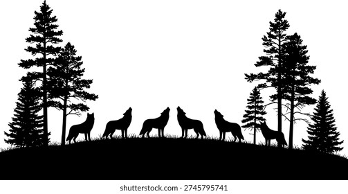 A group of wolves howl together in unison, silhouetted against a white background, surrounded by tall pine trees on a hill