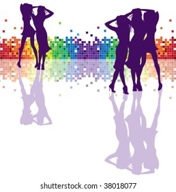 A group of woman dancing in front of a colorful geometric pattern with a trendy reflection