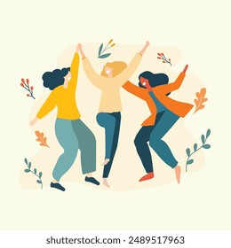 A Group of woman Empowering each other with Celebration action  in a flat illustration style with warm background surrounded by leaf elements