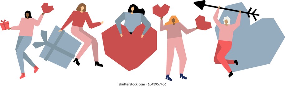 Group of woman hold gift box and heart flat vector illustration. Ideal for web