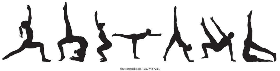 Group of woman performing yoga in transparent background. 