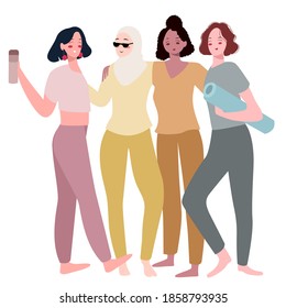 Group of woman pose hug doing gym with flat cartoon style vector design illustration