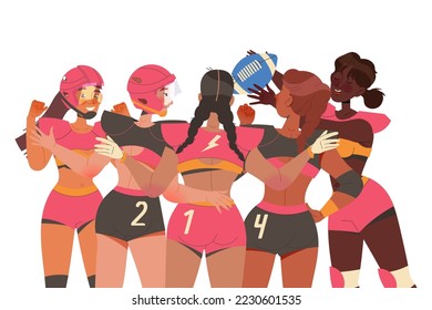 Group of Woman Rugby Player in Helmet and Uniform Standing in Circle Playing American Football Game with Oval Ball Vector Illustration