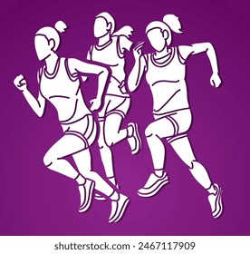 Group of Woman Running Marathon Runner Cartoon Sport Graphic Vector