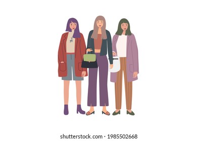 Group of woman. Shopping girl gang. Friendship. Friends activity. Cartoon vector illustration.