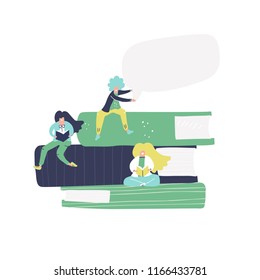 Group of woman sitting on the books and reading - book festival vector illustration