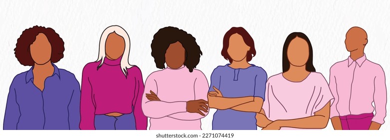 A group of woman stand in a line with their arms crossed flat illustration