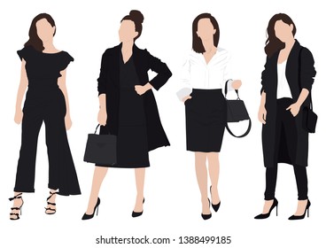 A group of woman in working suit styles, standing pose in white background vector.