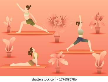 group of woman in yoga pose with orange nature background. cute vector illustration concept in flat style.
