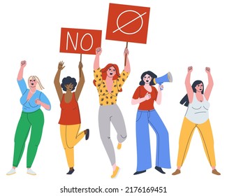 A group of women are actively protesting. Prohibition posters and slogans into a loudspeaker. Women's position at a protest rally. Isolated on white background.Flat vector illustration. Eps10