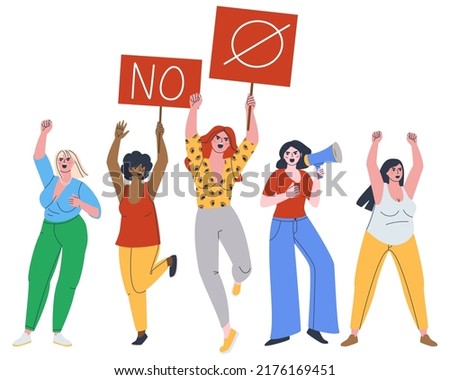 A group of women are actively protesting. Prohibition posters and slogans into a loudspeaker. Women's position at a protest rally. Isolated on white background.Flat vector illustration. Eps10
