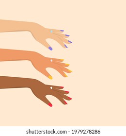 Group of women arms and hands. Racial equality. Making proposal. Rings with diamonds. 