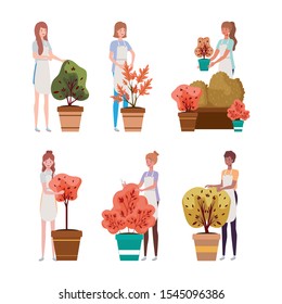 group of women with autumn plants vector illustration design