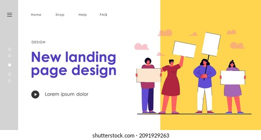 Group of women with banners protesting. Female characters fighting for equality and rights flat vector illustration. Feminism, gender equality concept for banner, website design or landing web page