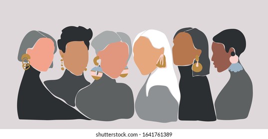 A group of women with big earrings. Sisterhood concept. Illustrations of 6 women with different skin colors staying close to each other