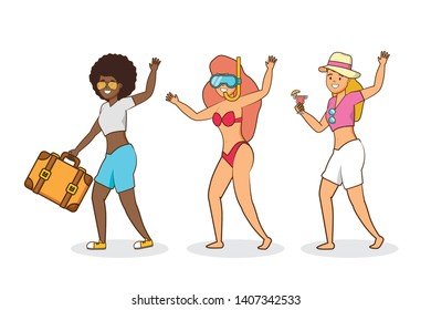 group women bikini cocktail suitcase vacations vector illustration