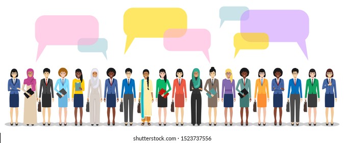 Group of women businesswomen standing together and speech bubbles on white background in flat style. Business team and teamwork. Different nationalities and dress styles. Concept of the opinion poll.