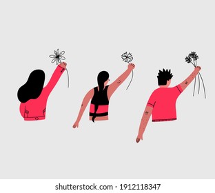 group of women chanting at a protest and at a rally.Feminist struggle for the rights of women: Check your privilege,Woke,Othering, 
Heteronormative,Double burden, Glass ceiling. Isolated hand drawn