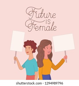 group of women characters with feminist message