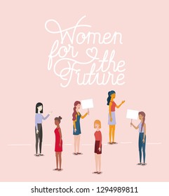 group of women characters with feminist message