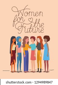 group of women characters with feminist message