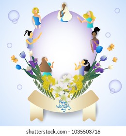 group of women chit chat on egg glass dome with scroll,cute cartoon charater,vector illustration for greeting card,invitation, celebration or poster,international women's day