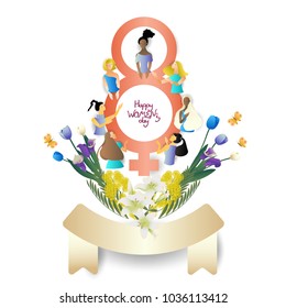 group women chit chat women symbol   8 number and scroll cute cartoon character vector illustration for greeting card invitation  celebration poster international women's day