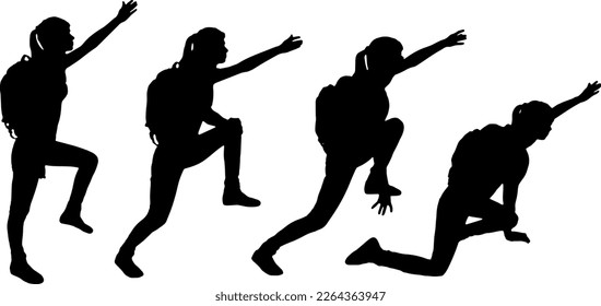 A group of women climbers with a raised hand go up. Business and sport concept. Vector Silhouette