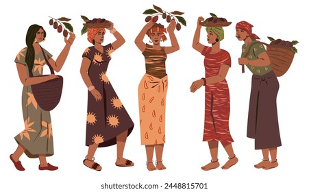 Group of women with coffee beans in baskets, vector illustration isolated on a white background. Women farmers picking coffee on plantation.