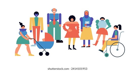 Group of women, community, family or neighborhood standing together. International Women's Day. Characters in geometric fun modern style. Colorful concept vector design and illustration 