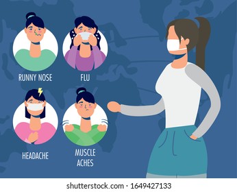 group of women with coronavirus symptoms vector illustration design