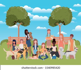 group of women with cute dogs in the park vector illustration design