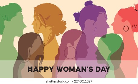 A group of women of different ages stands together. International Women's Day. Flat Vector illustration
