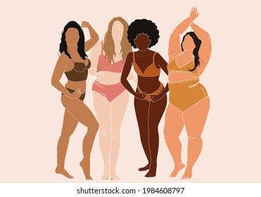 Group Of Women With Different Body And Ethnicity Posing Together To Show The Woman Power And Strength. Body Positive Concept