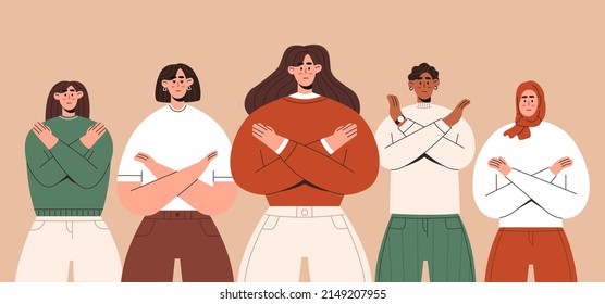 Group of women of different ethnic group crossed their arms. International women’s day. 8th march. Break The Bias. Vector illustration in flat style