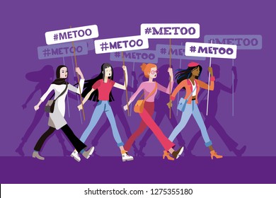 Group of women from different ethnic groups march, protesting and displaying metoo banners. Women vindicating their rights.
