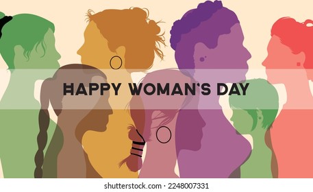 A group of women from different ethnicities stands together. International Womens Day. Banner