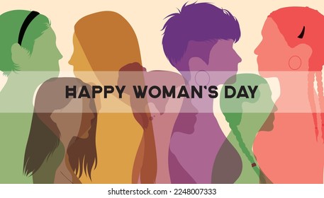 A group of women from different ethnicities stands together. International Womens Day. Banner