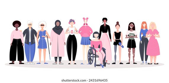 Group of women of different ethnicity, abilities, age, body type, hair color. Vector illustration of diverse women in casual clothing. Hand drawn character set in flat style.