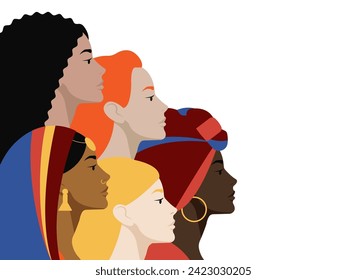 Group of women from different ethnicity. Diverse modern female profile portraits. International woman day. Friendship, unity, woman rights, solidarity and multiracial union.