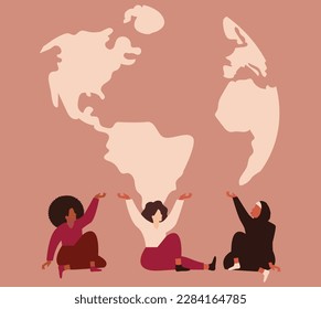 Group of women of different ethnicity protect earth. Strong females hold the planet and support sustainable lifestyle. Save the planet, ecology awareness, earth day or women empowerment concept.