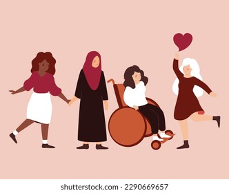 Group of women from different ethnicity support woman with disability in the wheelchair. Feminism community hold hands together. Concept of social psychological help for people with mobility problems