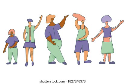 Grupo de mujeres con diferentes rasgos de apariencia aisladas de fondo blanco. Concepto positivo corporal. Más tamaño, vitiligo, tatoos, personajes pequeños. Ilustración de color del vector.