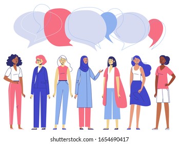 Group of women. Different female characters of diverse ethnicity standing together. Happy young girls friends and speech bubbles. Flat illustration isolated on white background.