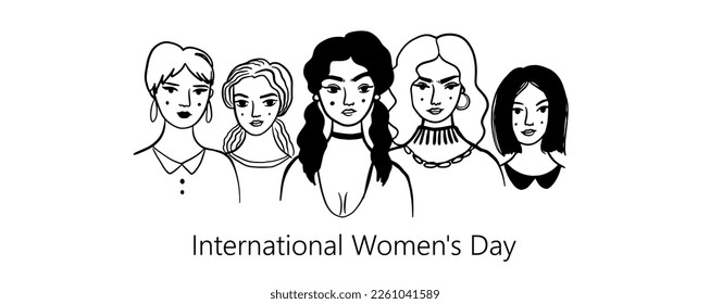 Group of women of different hairstyle. Female diverse portraits. International Women's day, 8 March design. Hand drawn doodle style. Women's friendship, sisterhood. Vector illustration