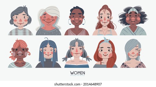 group of women. different multicultural faces. icon or avatar. Blue version