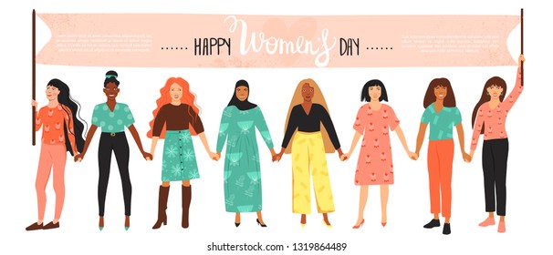 Group of women different nationalities and cultures holding a flag with congratulations. International Women's Day concept.  Girls hold hands. Vector illustration with copy space.