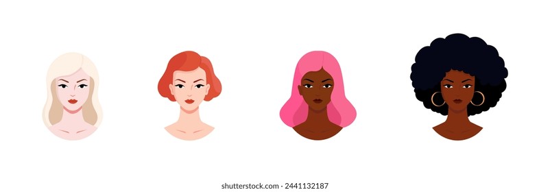 Grupo de mujeres de diferentes nacionalidades y culturas, colores de piel y peinados. Las chicas fuertes y valientes se apoyan mutuamente y al movimiento feminista. Amistad y apoyo femenino. Ilustración de vector