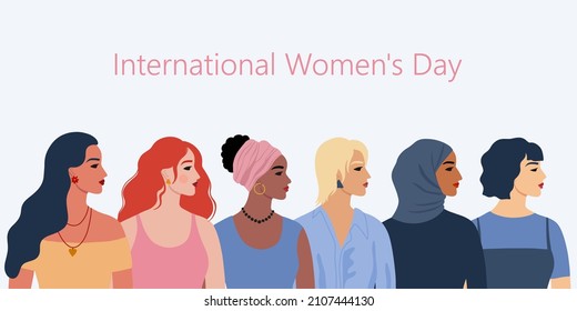 Grupo de mujeres de diferentes nacionalidades etnias y peinados. Diversos retratos femeninos. Día Internacional de la Mujer, diseño del 8 de marzo. Amistad de las mujeres, hermandad. Ilustración del vector