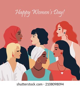 Group of women of different nationalities ethnicity and hairstyle. Female diverse portraits. International Women's day, 8 March design. Women's friendship, sisterhood. Vector illustration